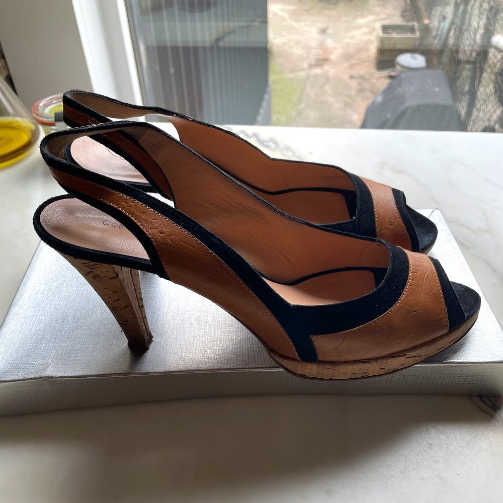 Costume National Peep-toe Heel, Black/Tan/CORK SIZE 38-1/2